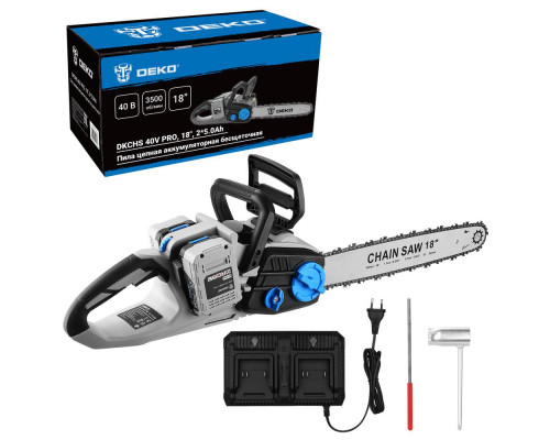 Пила цепная аккумуляторная бесщеточная DEKO DKCHS 40V PRO, 18", 2х20В, 2x5.0Ач, двойное з/у 080-2000