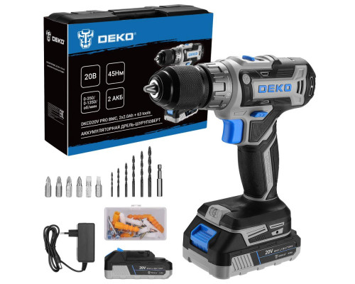 Аккумуляторная дрель-шуруповерт DEKO DKCD20V PRO BMC, в кейсе, набор 63 инструмента для дома, 20В, 2x2.0Ач 080-1001