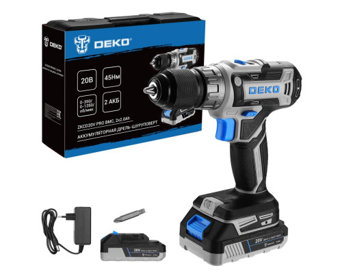 Дрель-шуруповерт аккумуляторная DEKO ZKCD20V PRO в кейсе, 20В, 2x2.0Ач 084-1005