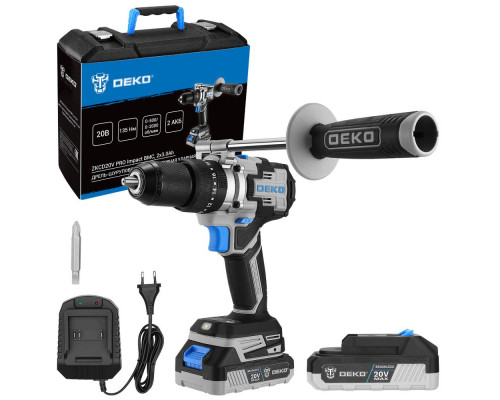 Дрель-шуруповерт аккумуляторная ударная бесщеточная DEKO ZKCD20V PRO Impact в кейсе, 20В, 135 Нм, 2x3.0Ач 084-1034