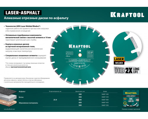 LASER-ASPHALT 450 мм, диск алмазный отрезной по асфальту, KRAFTOOL