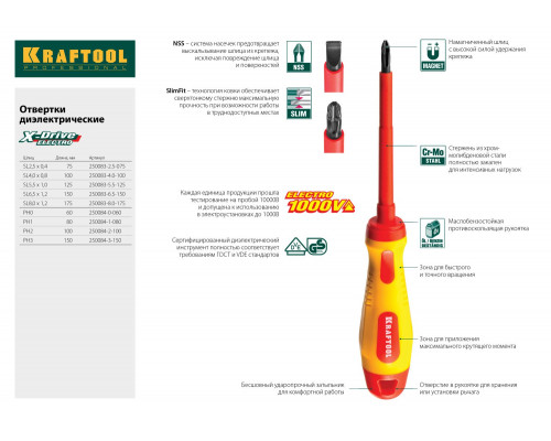 Отвертка KRAFTOOL, высоковольтная, Cr-Mo-V стержень, двухкомпонент. маслобензостойкая рукоятка, PH №1, 80мм