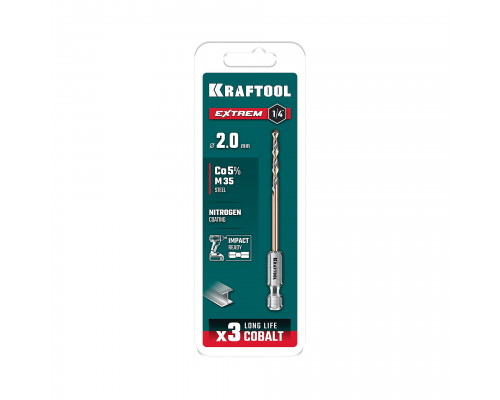 KRAFTOOL НЕХ-1/4″, d 2,0 х 60 мм, сверло по металлу для винтовёртов и шуруповертов IMPACT READY (29652-2)