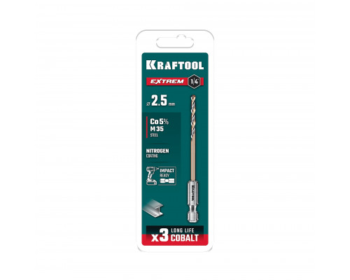 KRAFTOOL НЕХ-1/4″, d 2,5 х 69 мм, сверло по металлу для винтовёртов и шуруповертов IMPACT READY (29652-2.5)