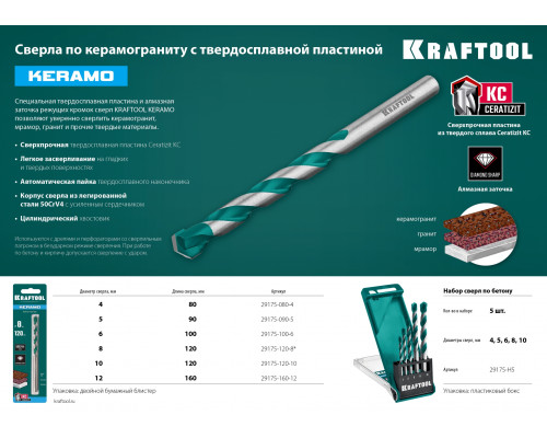 KRAFTOOL KERAMO 5 шт: 4-5-6-8-10 мм набор сверл по керамограниту с твердосплавной пластиной