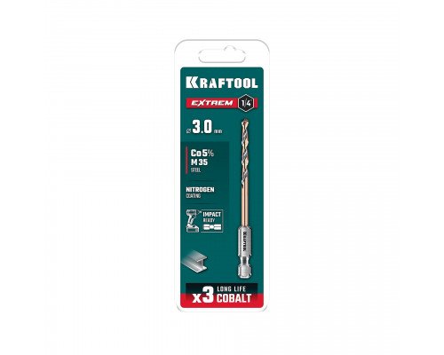 KRAFTOOL НЕХ-1/4″, d 3,0 х 72 мм, сверло по металлу для винтовёртов и шуруповертов IMPACT READY (29652-3)