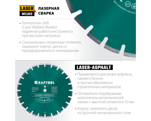 LASER-ASPHALT 500 мм, диск алмазный отрезной по асфальту, KRAFTOOL