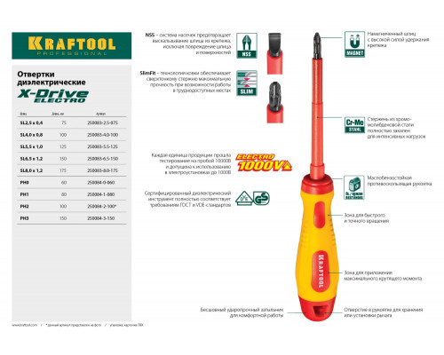 Отвертка KRAFTOOL, высоковольтная, Cr-Mo-V стержень, двухкомпонент. маслобензостойкая рукоятка, SL, 2,5х75мм