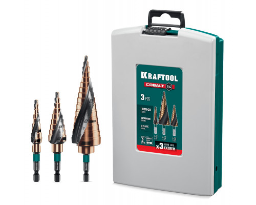 KRAFTOOL COBALT 3 шт., 4-32мм, азотирование, винтовая спираль, набор сверл ступенчатых(29691-4-32-H3)