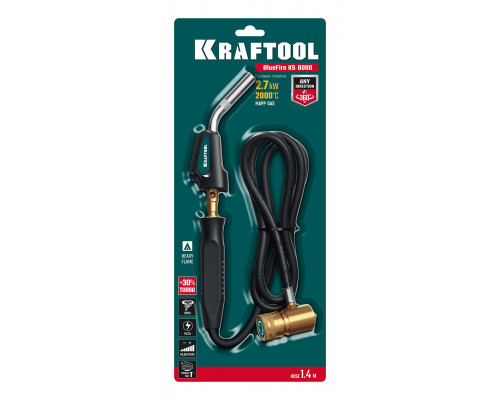 KRAFTOOL KS-8000, со шлангом 1.4м с пьезоподжигом на баллон турбо нагрев + 30% 2000°C, Газовая горелка Blue Fire (55512)