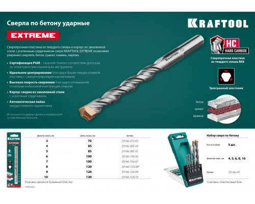 KRAFTOOL EXTREME 5 шт: 4-5-6-8-10 мм набор сверл по бетону, 3-х гранный хвостовик
