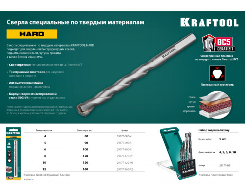 KRAFTOOL HARD 5 шт: 4-5-6-8-10 мм набор сверл по по твёрдым материалам