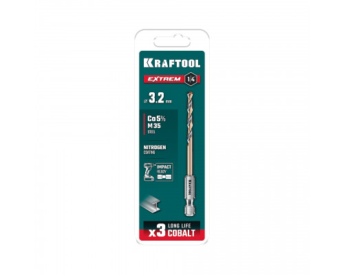 KRAFTOOL НЕХ-1/4″, d 3.2 х 75 мм, сверло по металлу для винтовёртов и шуруповертов IMPACT READY (29652-3.2)