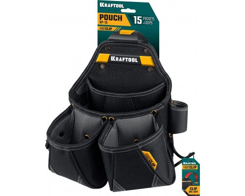 KRAFTOOL KP-15 с быстросъёмным креплением FastClip, 15 карманов и петель, 350 х 320 мм, поясная сумка (38771)