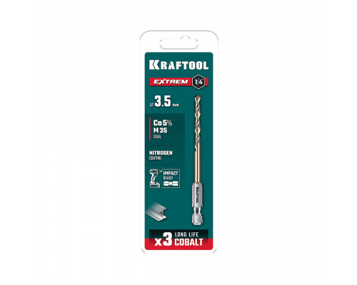 KRAFTOOL НЕХ-1/4″, d 3.5 х 79 мм, сверло по металлу для винтовёртов и шуруповертов IMPACT READY (29652-3.5)