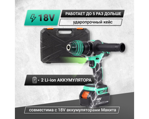 Дрель-шуруповерт аккумуляторная ударная Zitrek Green Impact 18V (18В, Li-ion 2x4.0Ач) 063-4045