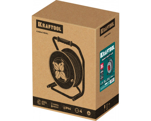 KRAFTOOL КГ 3х2.5 30м 4000Вт IP44, HEAVY DUTYСиловой удлинитель на стальной катушке (55086-30)