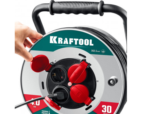 KRAFTOOL КГ 3х2.5 30м 4000Вт IP44, HEAVY DUTYСиловой удлинитель на стальной катушке (55086-30)