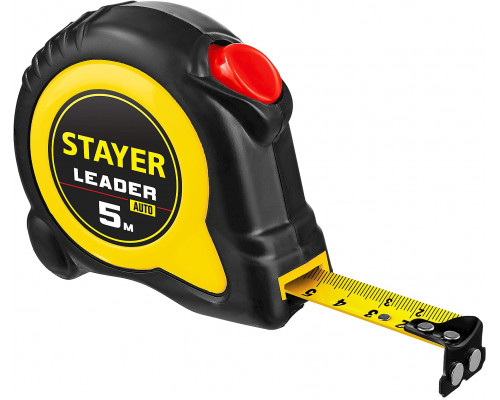 STAYER LEADER 5м / 25мм рулетка с автостопом в ударостойком обрезиненном корпусе