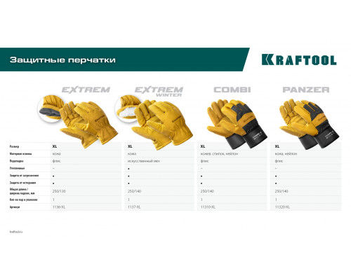KRAFTOOL COMBI, XL, от мех. воздействий, с доп. накладкой на ладони, комбинированные, спилковые перчатки (11310-XL)