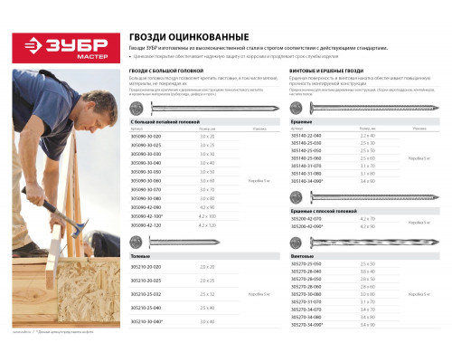 Гвозди толевые оцинкованные, ГОСТ 4029-63, 32 х 2.5 мм, 5 кг, ЗУБР