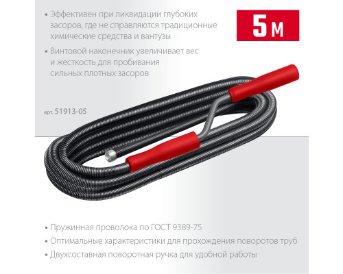 СИБИН 5 м, d 13 мм, сантехнический трос (51913-05)