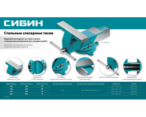 СИБИН 200 мм, Стальные слесарные тиски (3244-200)