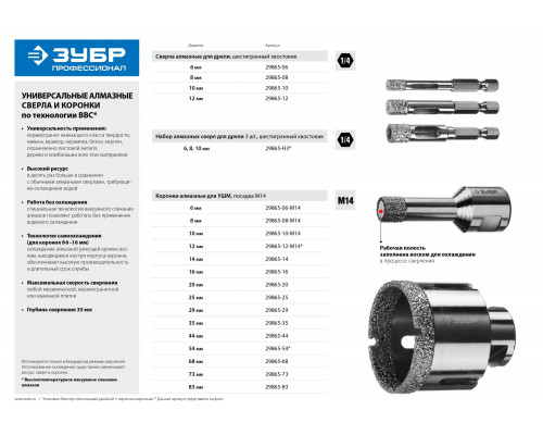 ЗУБР коронка алмазная по керамограниту, вакуумное спекание алмазов, d=29 мм, посадка М14, Профессионал 29865-29