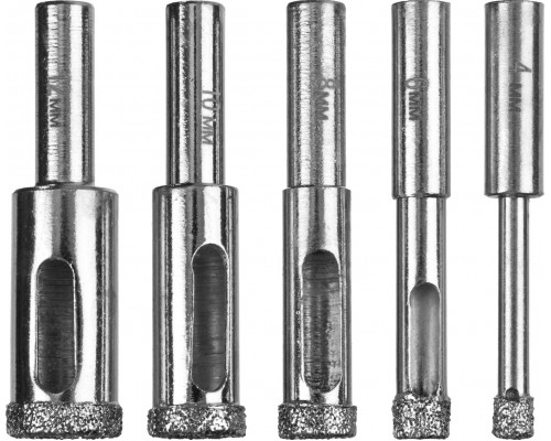 Набор сверл алмазных трубчатых по кафелю и стеклу, d=4, 6, 8, 10, 12 мм, 5 предметов, ЗУБР Профессионал 29850-H5