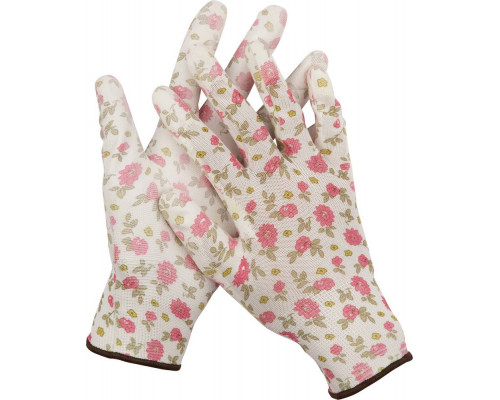 Садовые перчатки GRINDA, прозрачное PU покрытие, 13 класс вязки, бело-розовые, размер S