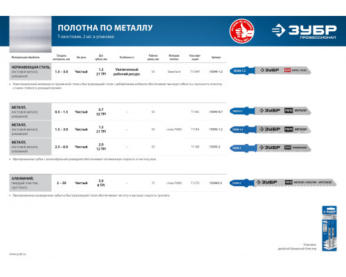 ЗУБР T118B, полотна для эл/лобзика, HSS, по металлу, Т-хвостовик, шаг 2мм, 50мм, 2шт.