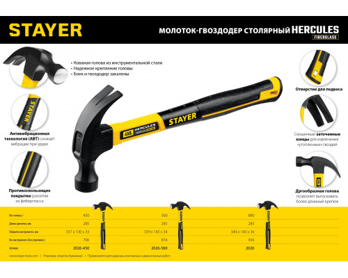 Молоток-гвоздодёр столярный с фиберглассовой рукояткой STAYER Hercules 560 г