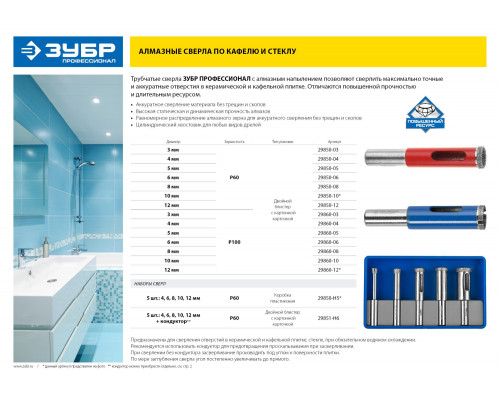 Набор сверл алмазных трубчатых по кафелю и стеклу с кондуктором, d=4, 6, 8, 10, 12 мм, 5 предметов, ЗУБР Профессионал 29851-H6