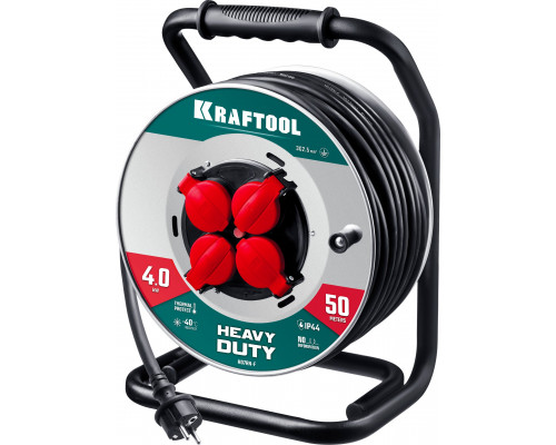 KRAFTOOL КГ 3х2.5 50м 4000Вт IP44, HEAVY DUTYСиловой удлинитель на стальной катушке (55086-50)