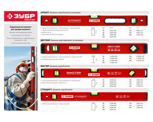 Уровень ЗУБР ″Мастер″ двутавровый, усиленный, 3 глазка (один поворотный), 150см