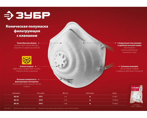 Коническая полумаска фильтрующая ЗУБР ФК-99 FFP3 с клапаном