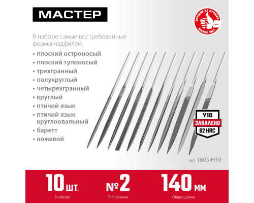 ЗУБР 10 шт, 140 мм, набор надфилей в чехле (1605-H10)