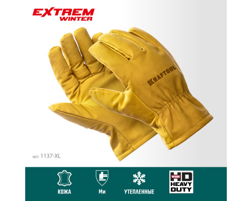 KRAFTOOL EXTREM WINTER, XL, утеплённые, от мех. воздействий, кожаные перчатки (1137-XL)