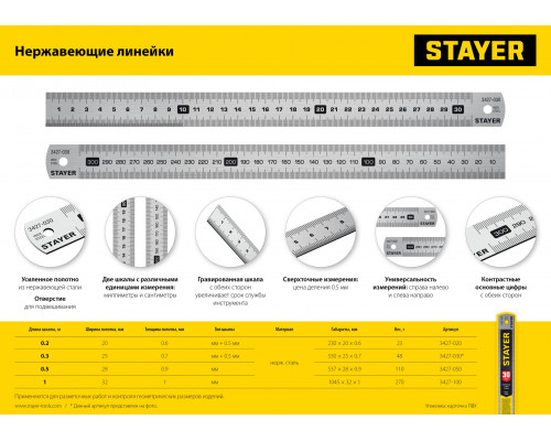 STAYER длина 1.0 м, нержавеющая линейка, Professional (3427-100)