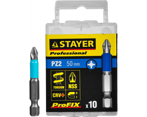 Биты STAYER ″PROFESSIONAL″ ProFix Pozidriv, тип хвостовика E 1/4″, № 2, L=50мм, 10шт