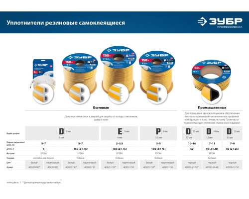 ЗУБР 150 м, D-профиль, размер 9 х 8 мм, белый, самоклеящийся резиновый уплотнитель, Профессионал (40920-150)