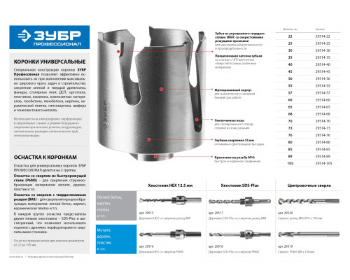 ЗУБР ПРОУНИВЕРСАЛ 105мм, коронка с твердосплавными резцами