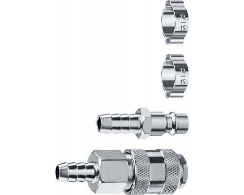 Набор (штуцер ″елочка″ 10 мм - рапид муфта) + (рапид штуцер-штуцер ″елочка″ 10 мм) + (обжимные хомуты 2 шт) ЗУБР Профессионал