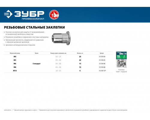 Резьбовые заклепки с насечками, М5, 20 шт, стальные, стандартный бортик, ЗУБР Профессионал