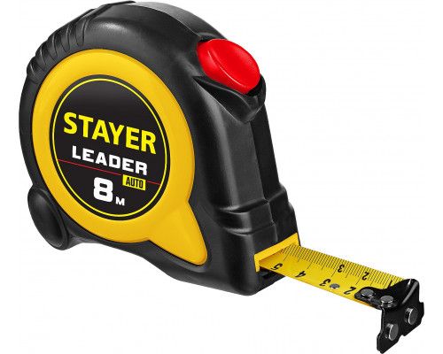 STAYER LEADER 8м / 25мм рулетка с автостопом в ударостойком обрезиненном корпусе