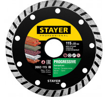 STAYER Progressive, 115 мм, (22.2 мм, 7 х 2.4 мм), сегментированный алмазный диск, Professional (3662-115)