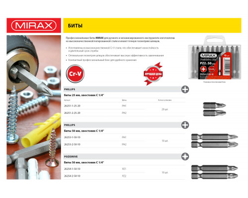 Биты MIRAX PH№1, тип хвостовика C 1/4″, длина 25мм, 20шт