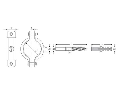 ЗУБР 3/4″, трубный хомут с сантехнической шпилькой и дюбелем (37866-26-30)