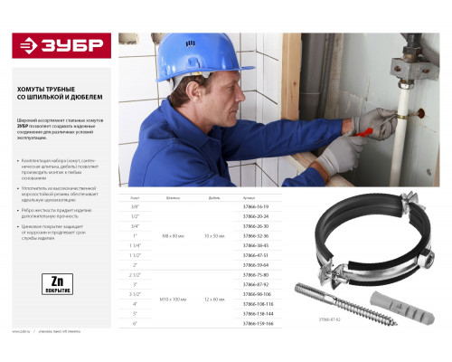 ЗУБР 3/4″, трубный хомут с сантехнической шпилькой и дюбелем (37866-26-30)