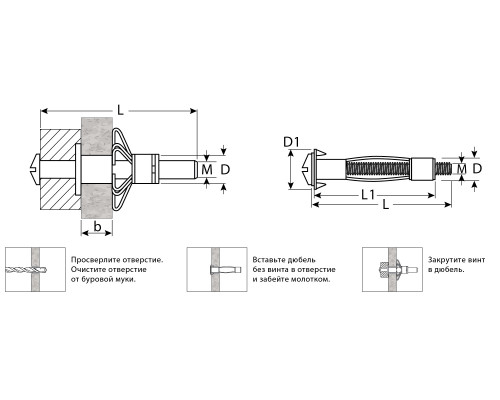 Анкер МОЛЛИ для пустотелых материалов, 8 мм x M4 x 32мм, 100 шт, оцинкованный, ЗУБР